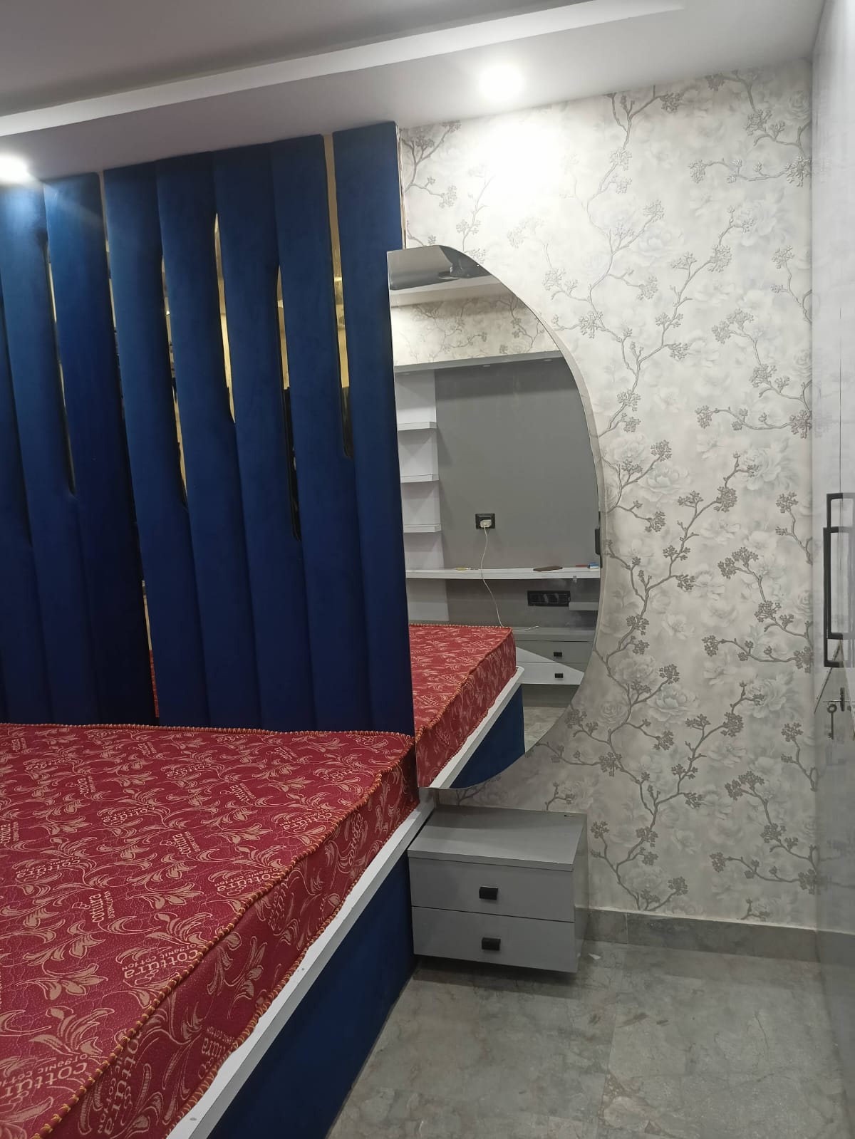 Blue bedroom panel and dressing unit