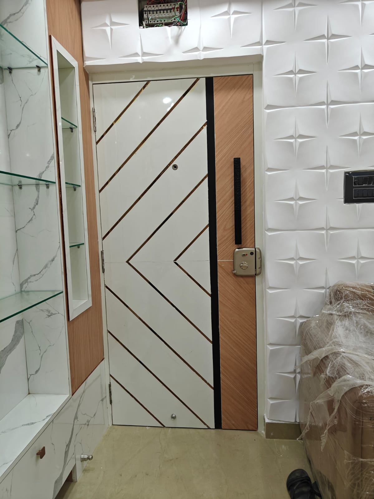 Designer door and wall panel with display shelving