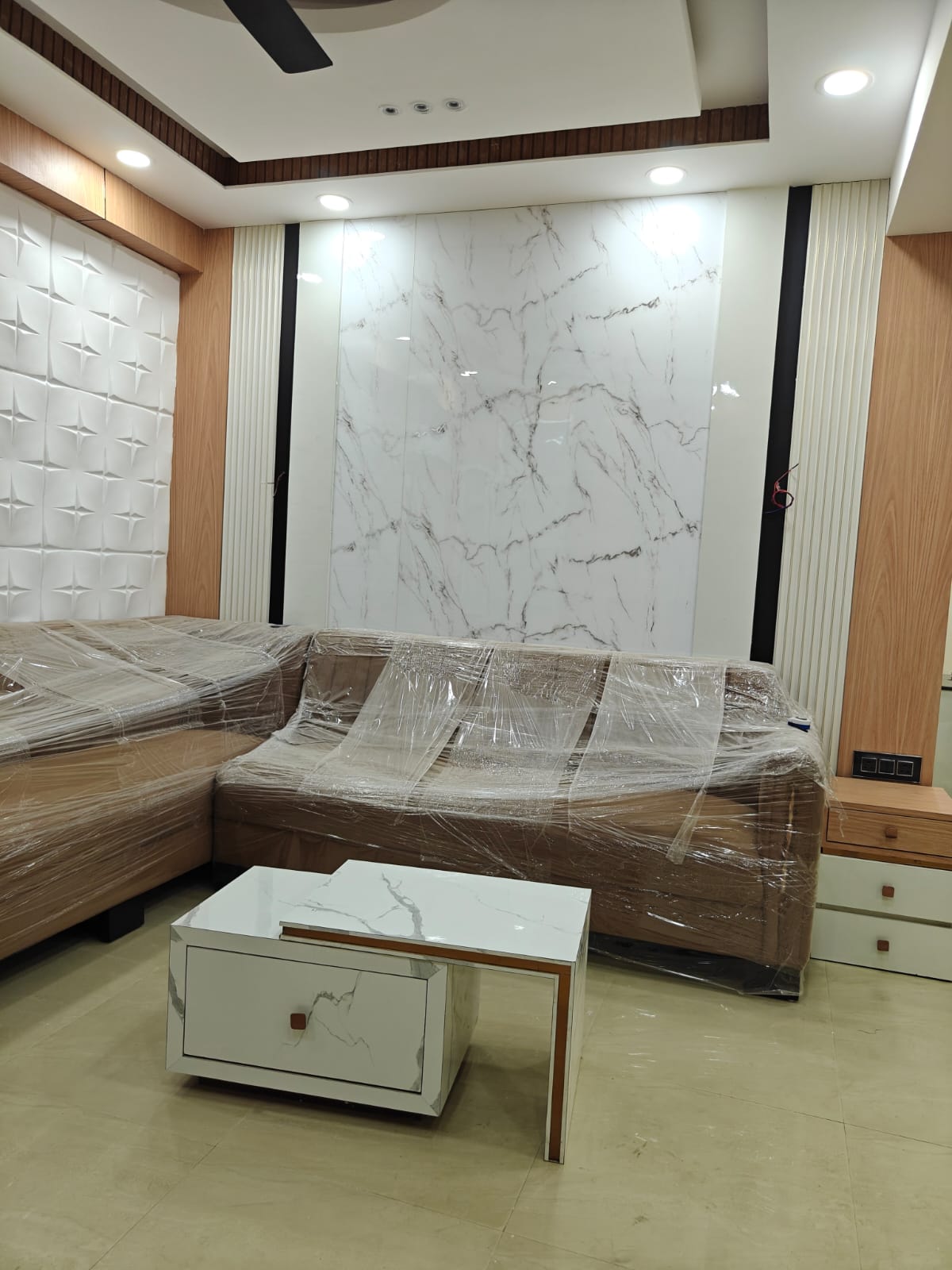 Living room sofa, wall panel and center table design